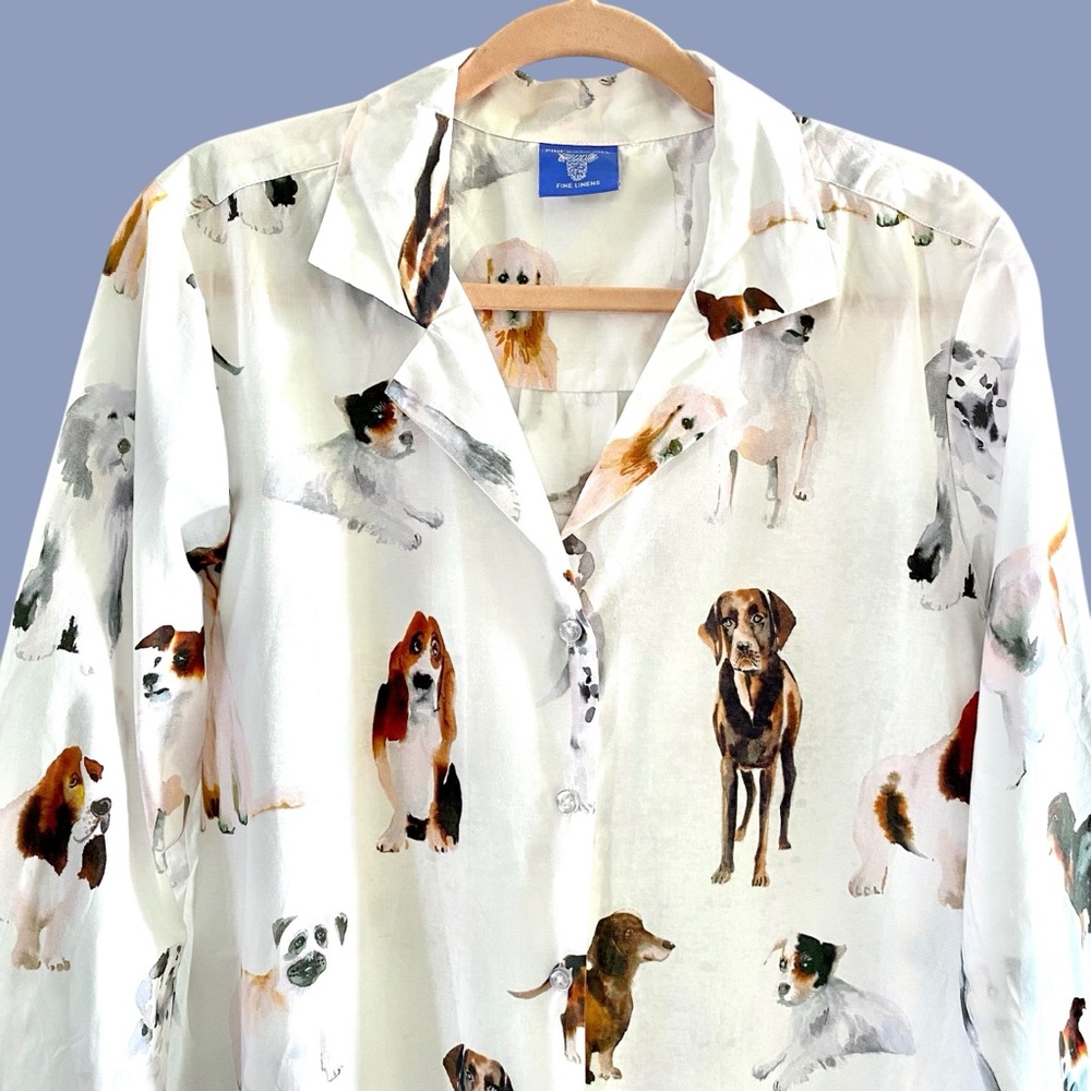 Pine Cone Hill Fine Linen Womens Dog Print Night Shirt Dress White SZ M - Picture 5 of 13